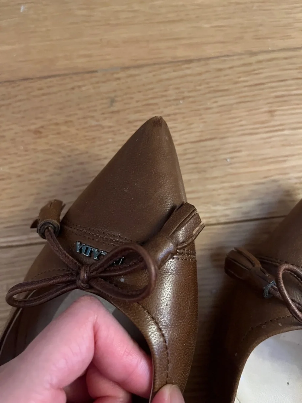 Prada Brown Pointed Toe Leather Ballet Flats with Bow - Picture 9 of 10